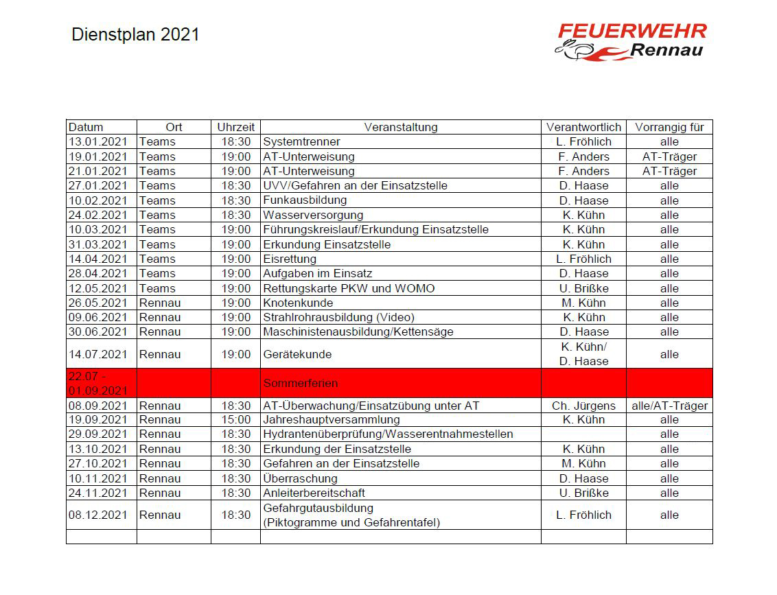 Dienstplan 2021